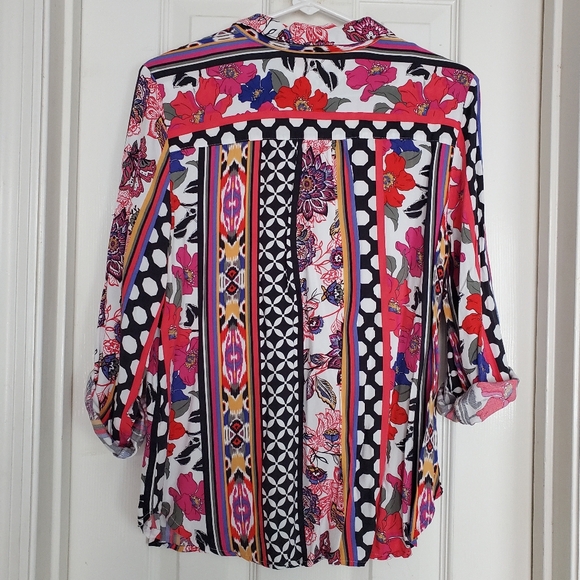 Ruby Rd. Multicolor Top Floral Stripes Polka Dots Bright Funky Blouse Sz:MP - Picture 8 of 8